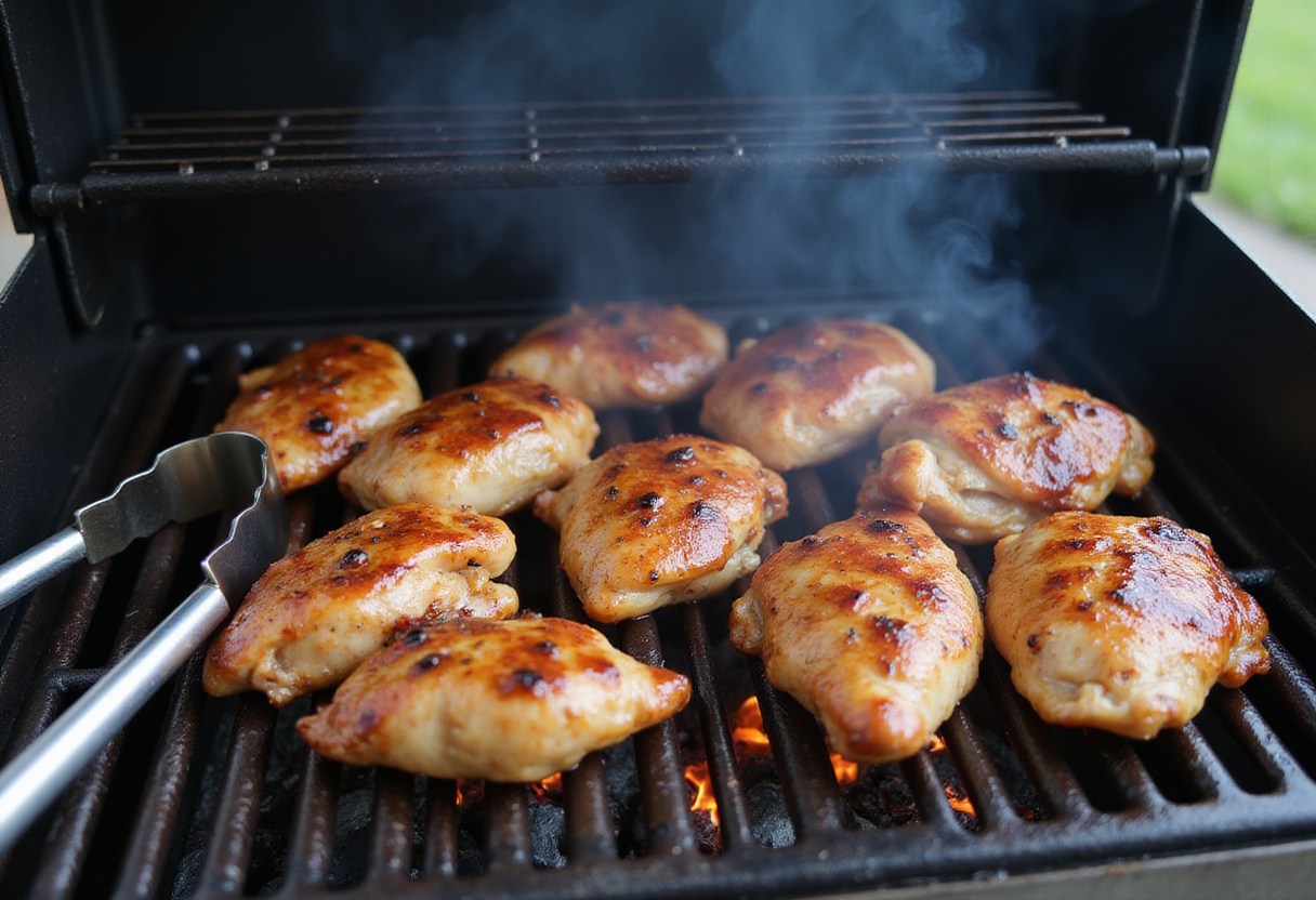 Pollo a la parrilla cocinándose en una parrilla para el plato vietnamita fresco y aromático.