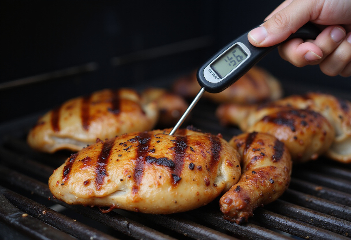 Verificando la temperatura del pollo a la parrilla para asegurar su cocción adecuada.