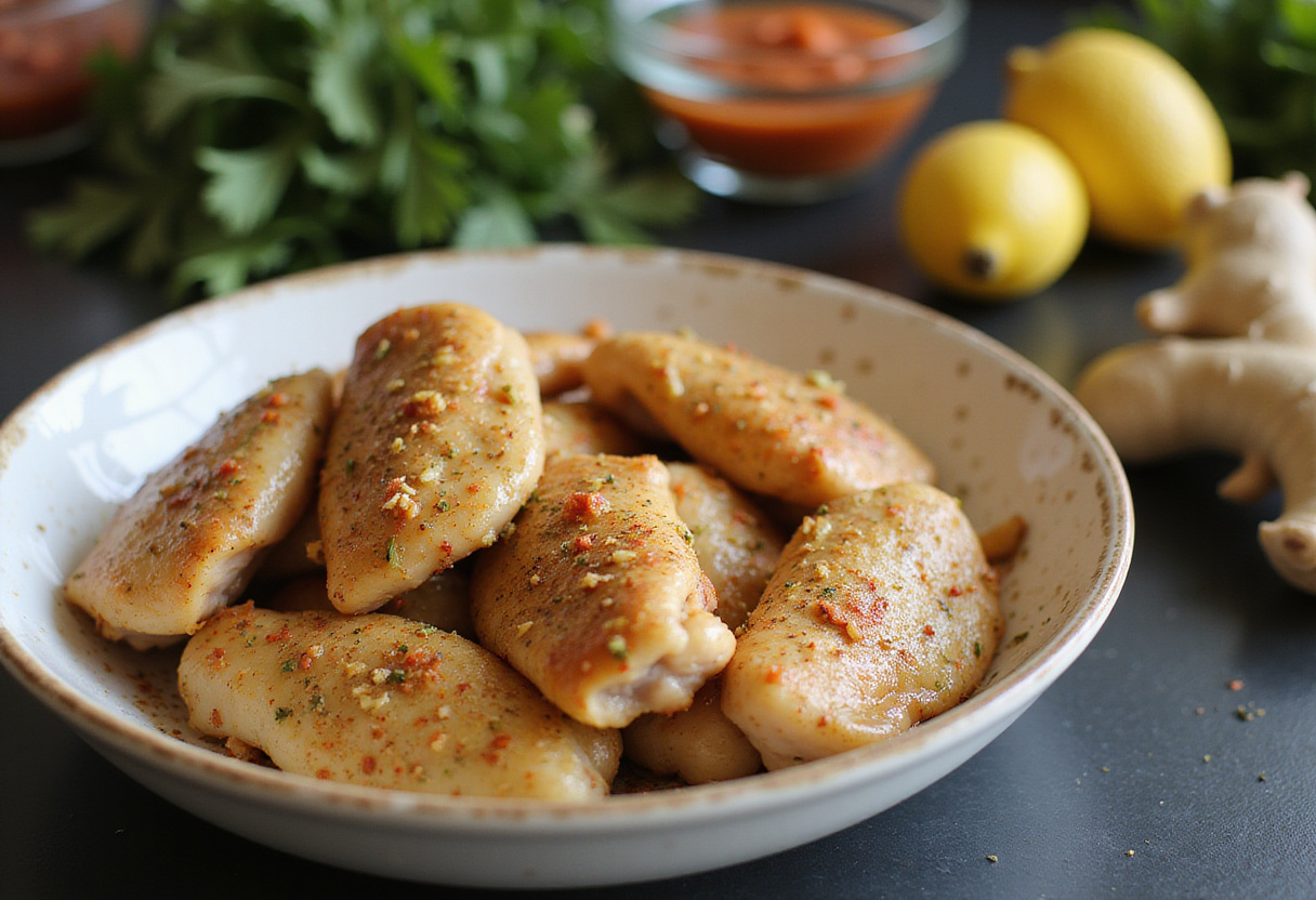 Marinated pollo picante ready for cooking with spices and ginger.