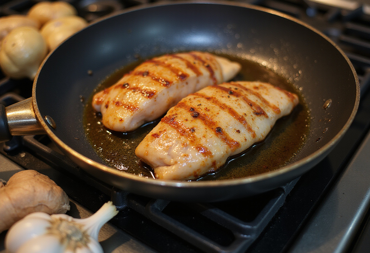 Cooking pollo picante in a skillet with garlic and ginger for a delicious meal.