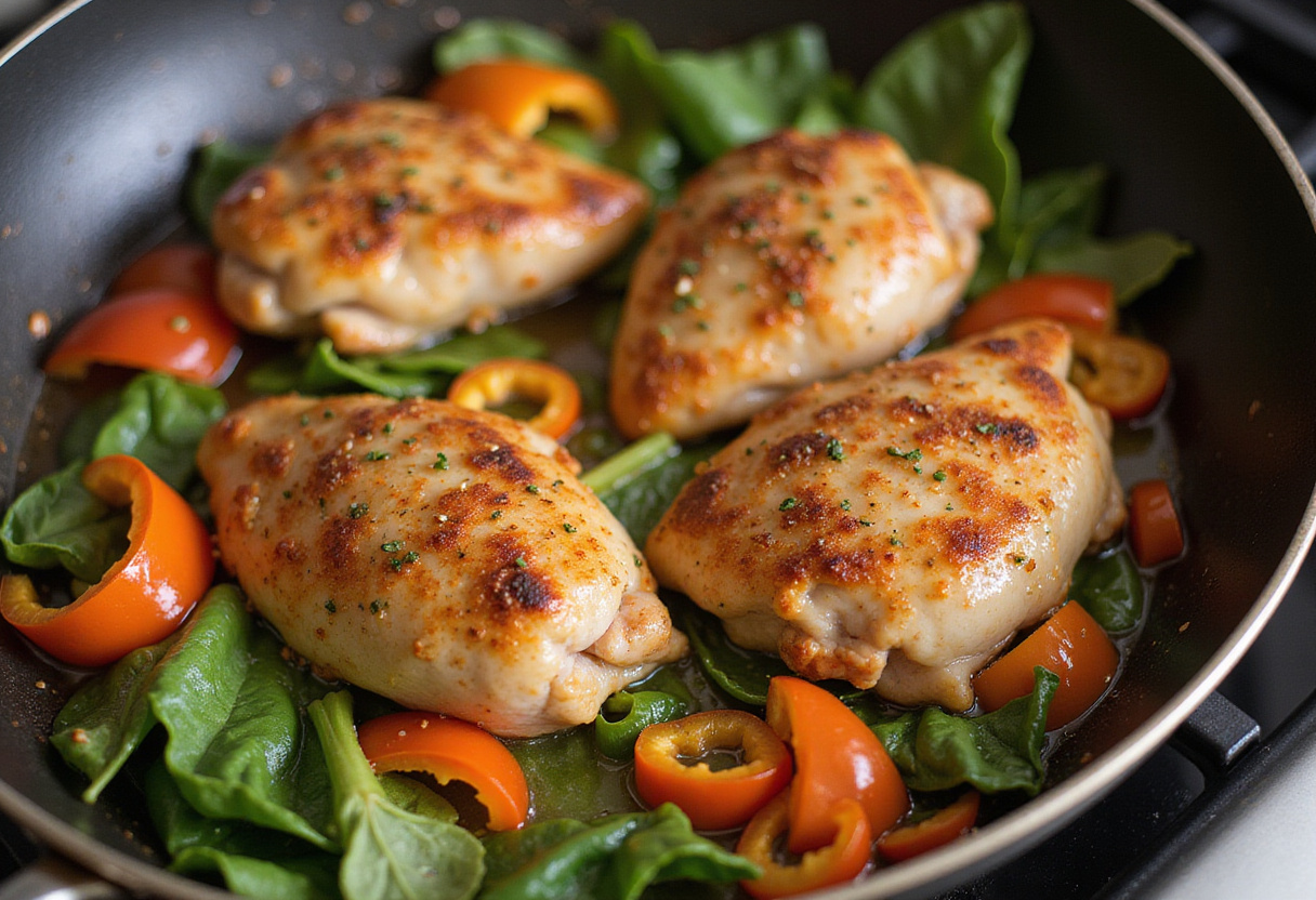 Sizzling pollo picante with fresh vegetables being added for enhanced flavor.
