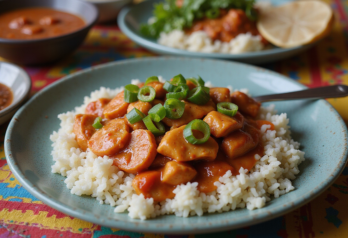 Plated pollo picante with rice and fresh garnishes for an appealing presentation.