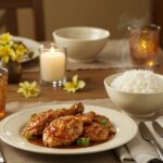 Final presentation of pollo a la soja caramelizada with arroz, an ideal dish for family gatherings.