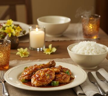 Final presentation of pollo a la soja caramelizada with arroz, an ideal dish for family gatherings.