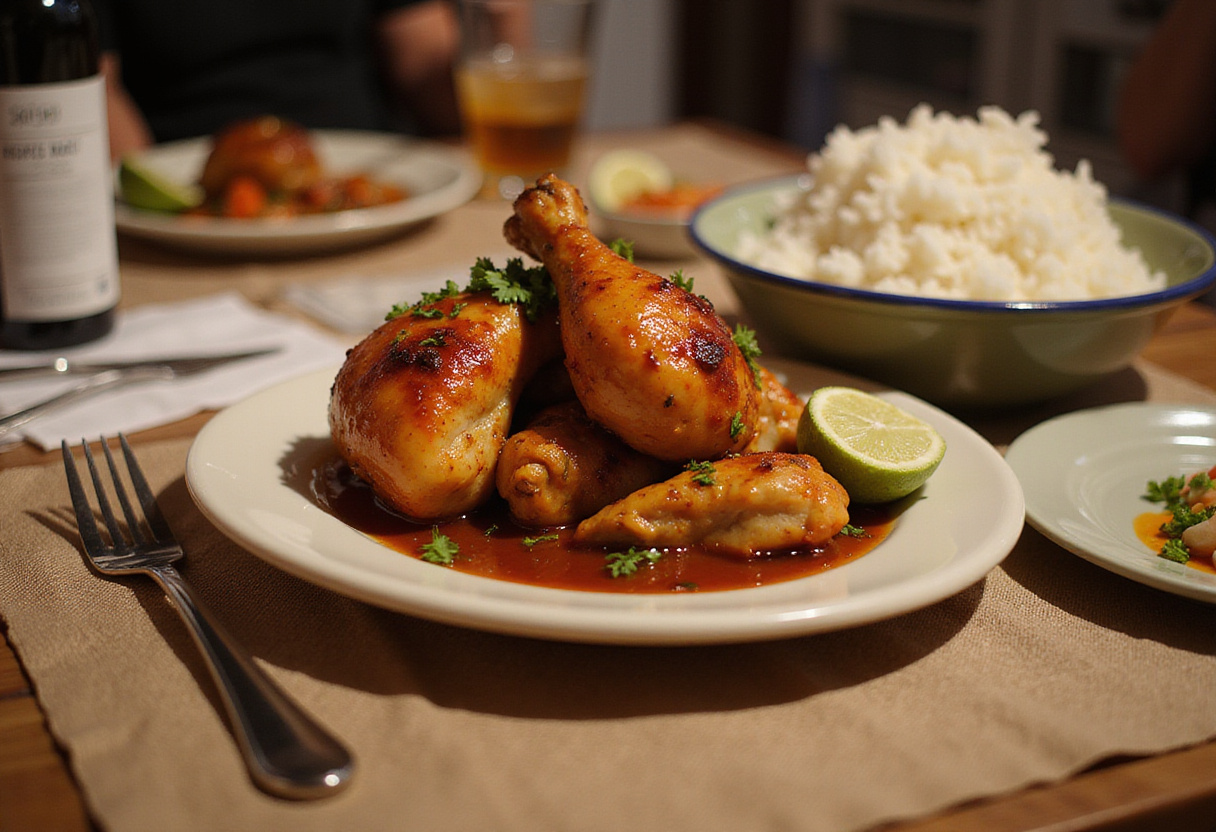 Final presentation of pollo a la soja caramelizada with arroz, an ideal dish for family gatherings.