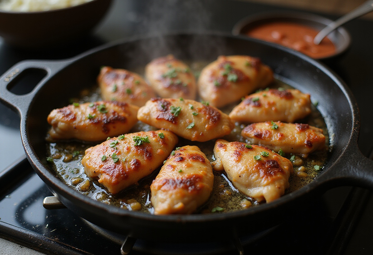 Cooking pollo a la soja caramelizada in a frying pan with ajo and jengibre for a flavorful dish.