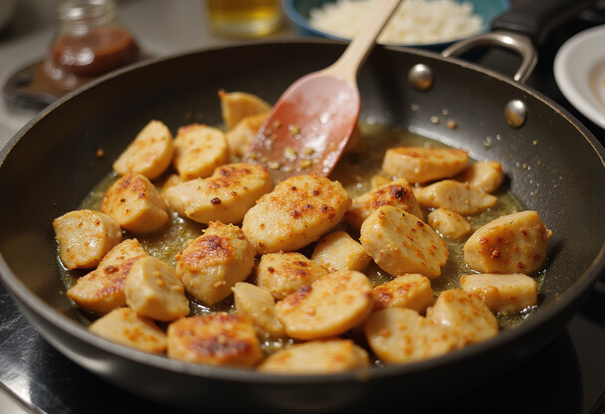 Pollo a la soja caramelizada cooking to perfection, with rice simmering in the background.