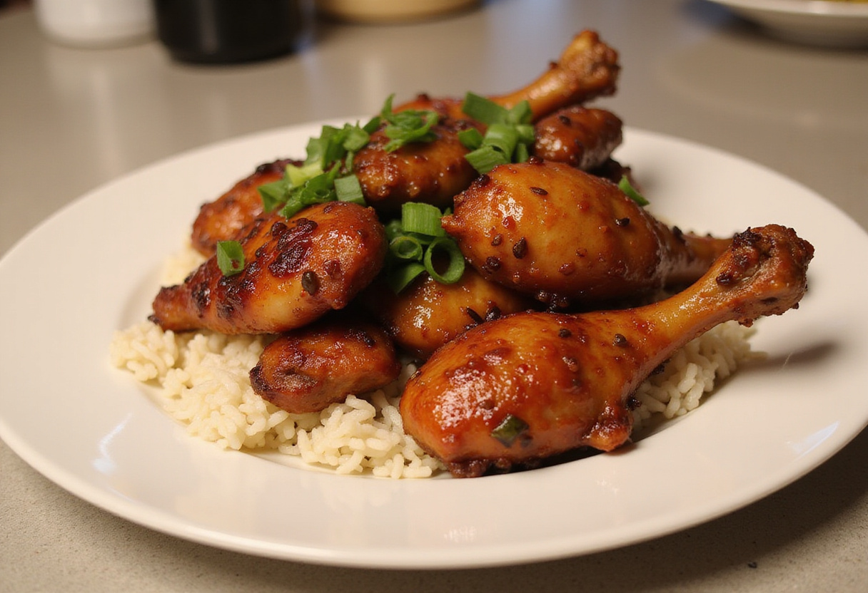 Delicious pollo a la soja caramelizada served with rice, a perfect meal for any occasion.