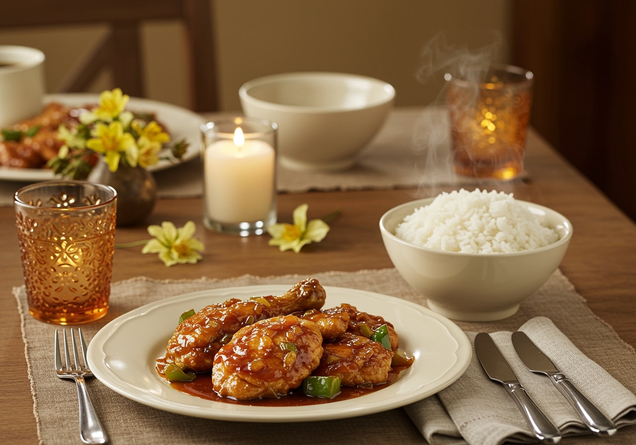 Final presentation of pollo a la soja caramelizada with arroz, an ideal dish for family gatherings.