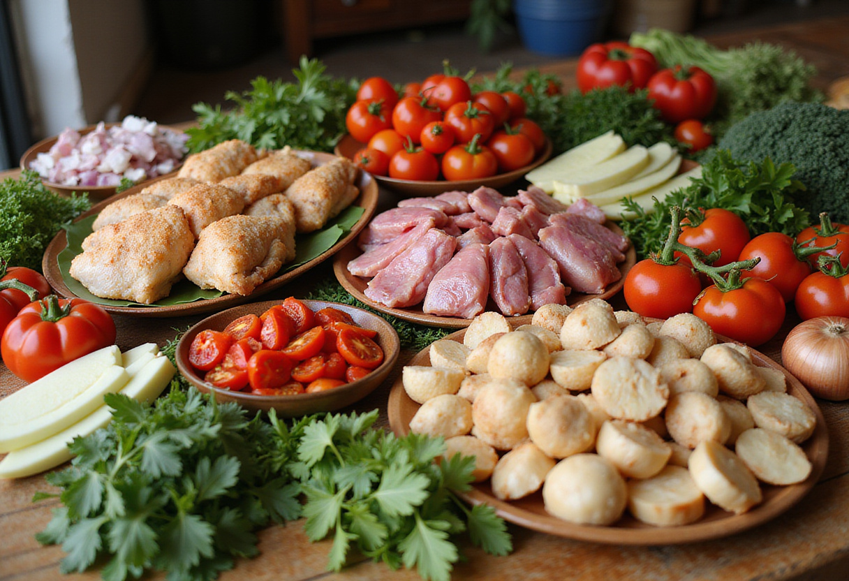 Ingredientes frescos para receta pollo a la catalana en un mercado.