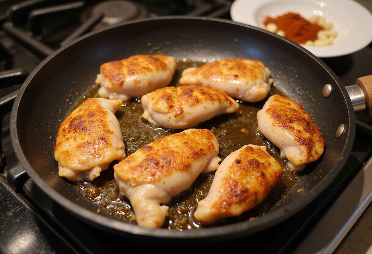 Pollo dorándose en una sartén para receta pollo a la catalana.