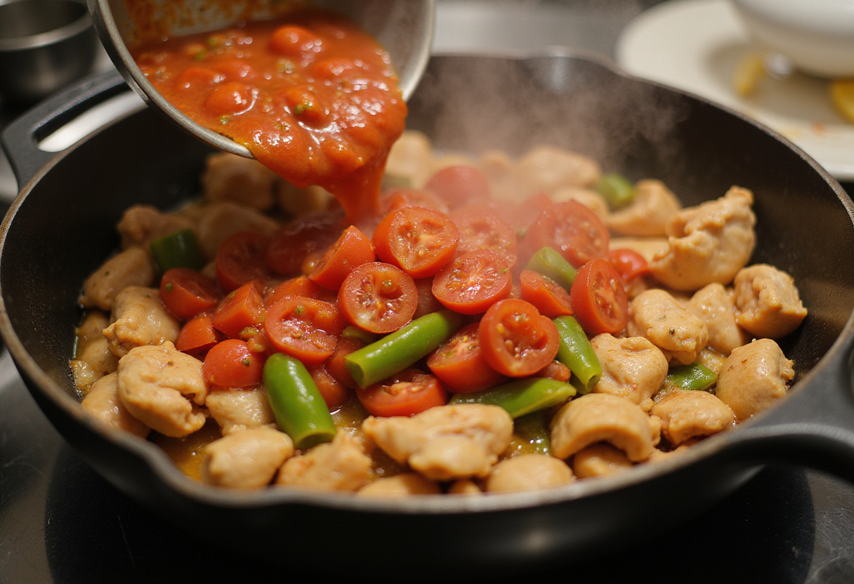 Tomates y pimientos añadiéndose al pollo en la preparación de receta pollo a la catalana.