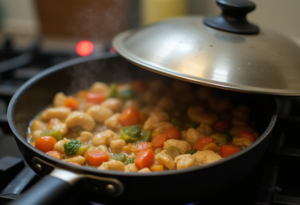 Sartén con pollo a la catalana hirviendo a fuego lento tapada.