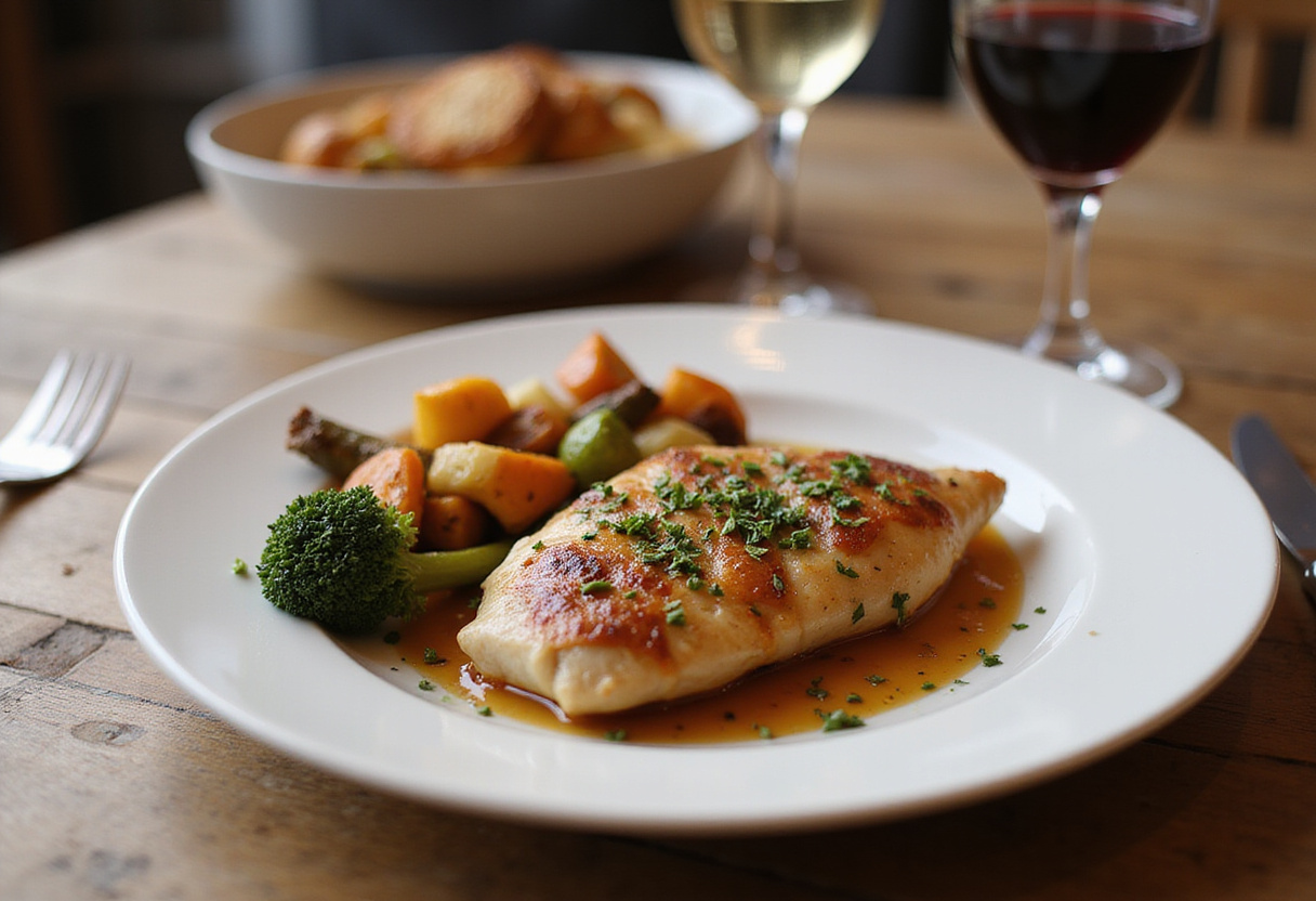 Plato de pollo a l'ast valenciano servido con verduras asadas y vino, perfecto para una cena.