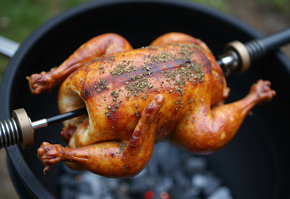 Preparando un pollo a l'ast valenciano en un asador con especias.