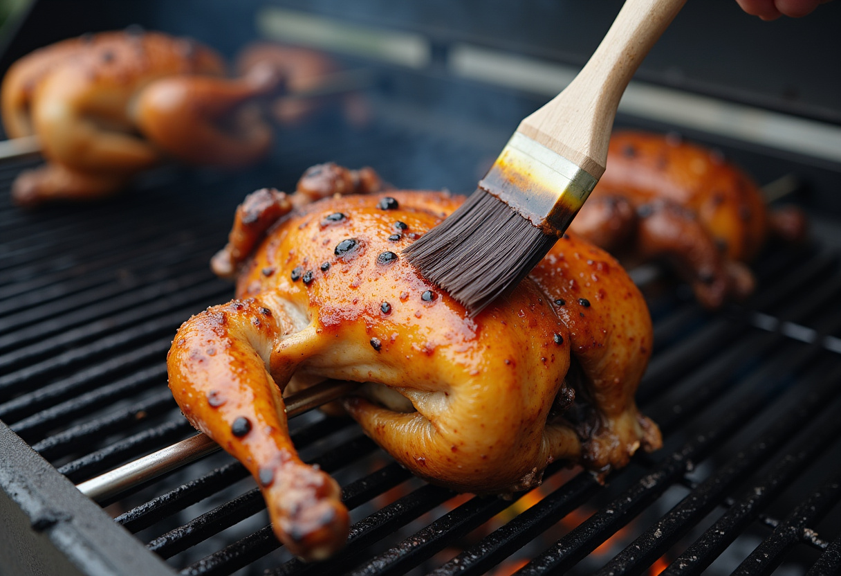 Asegurando el pollo para asar en el asador para hacer pollo a l'ast valenciano.