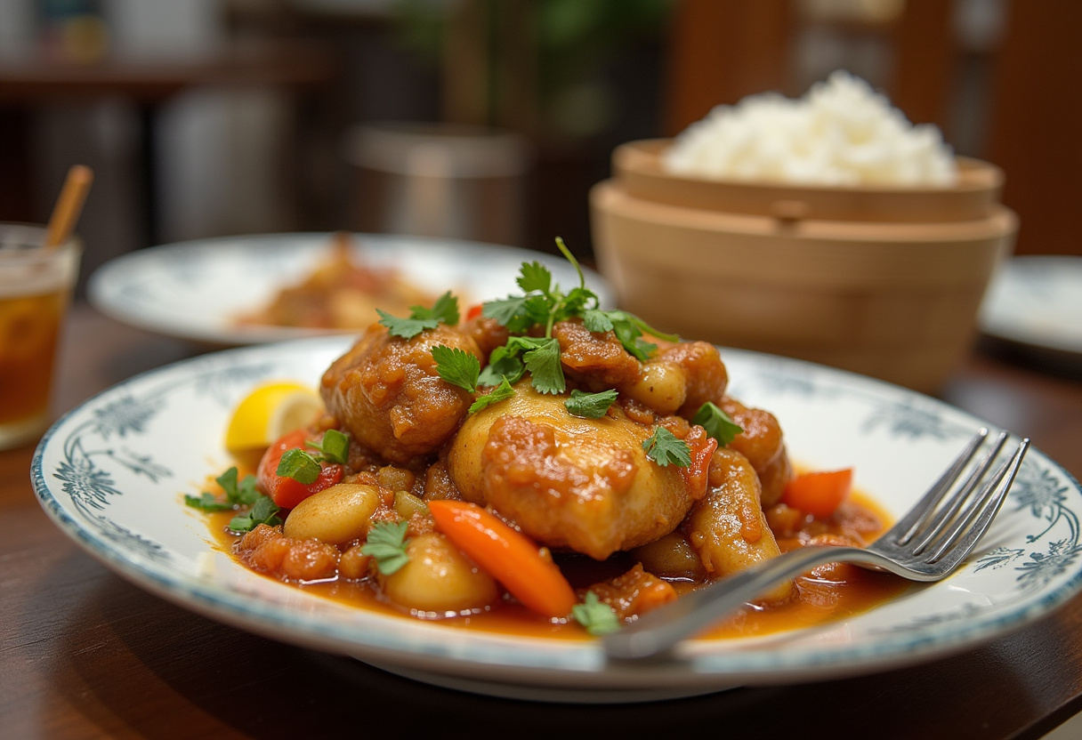 Deliciosa porción de pollo al limón estilo chino con arroz y vegetales para una comida completa.
