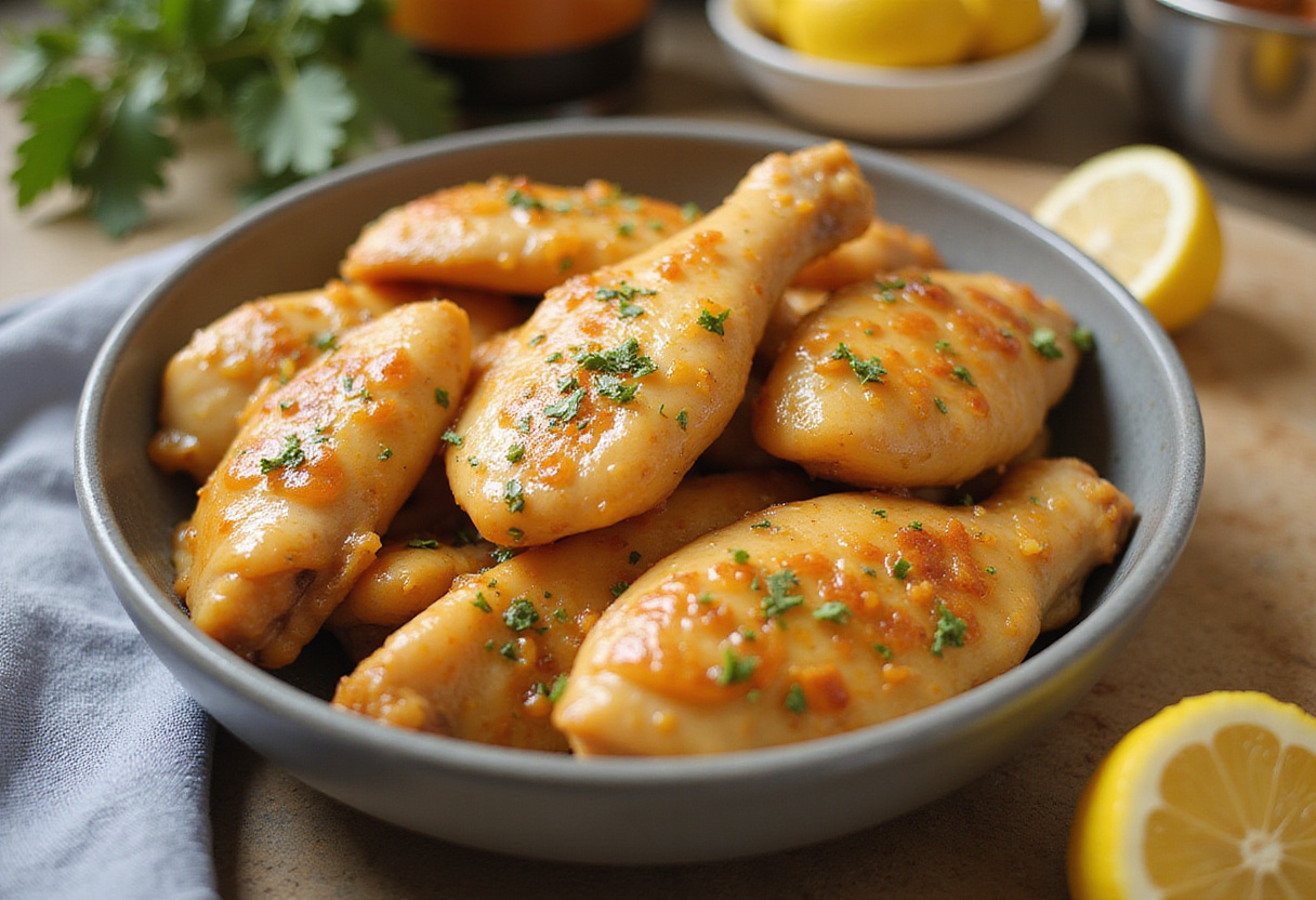 Piezas de pollo marinadas con salsa de limón para la preparación del pollo al limón estilo chino.