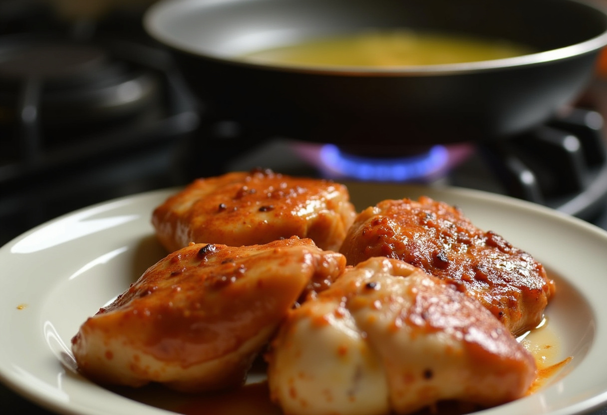 Aceite calentándose en una sartén para freír el pollo en la receta de pollo al limón estilo chino.
