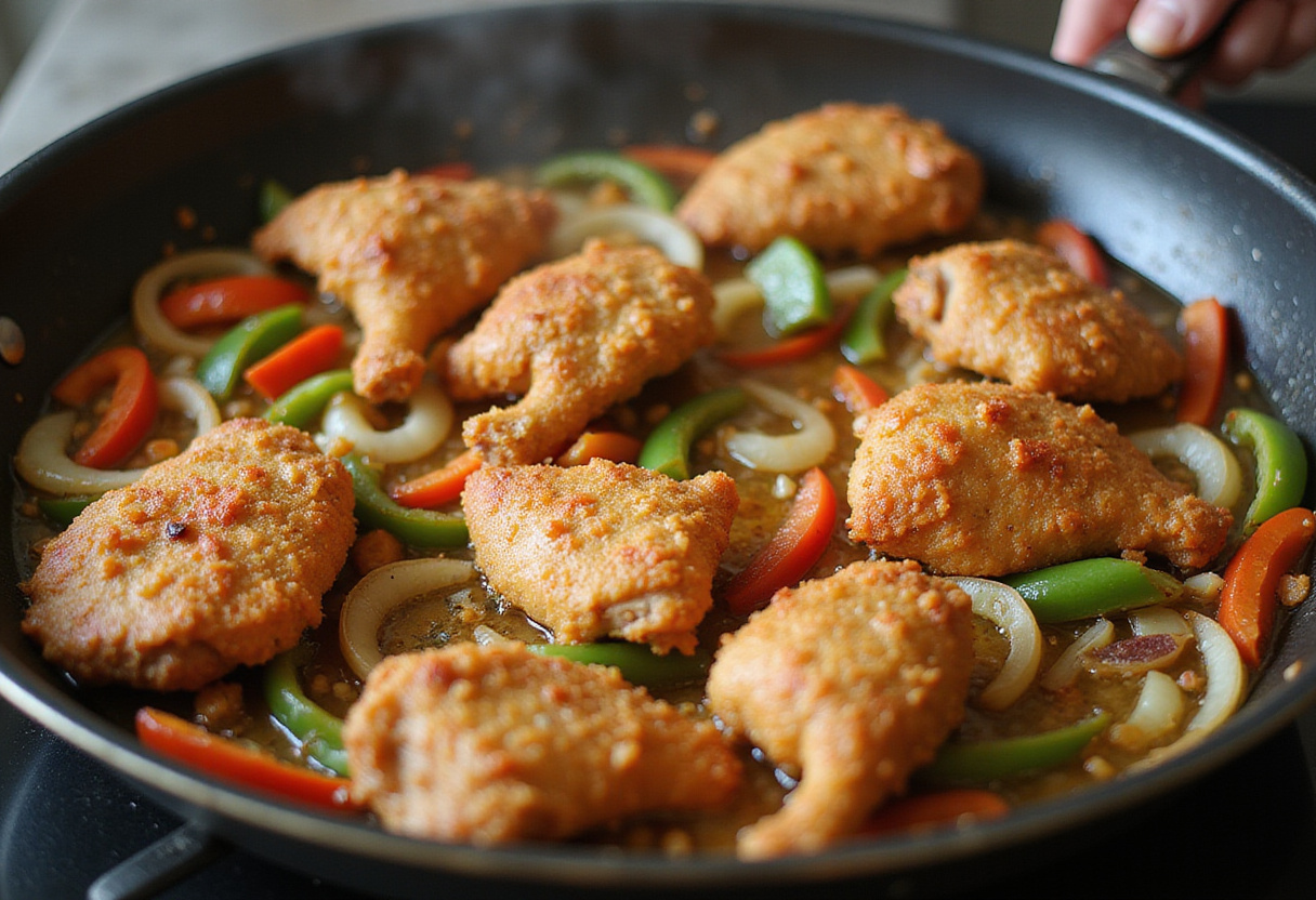 Sofriendo pollo con pimientos y cebollas para pollo al limón estilo chino.