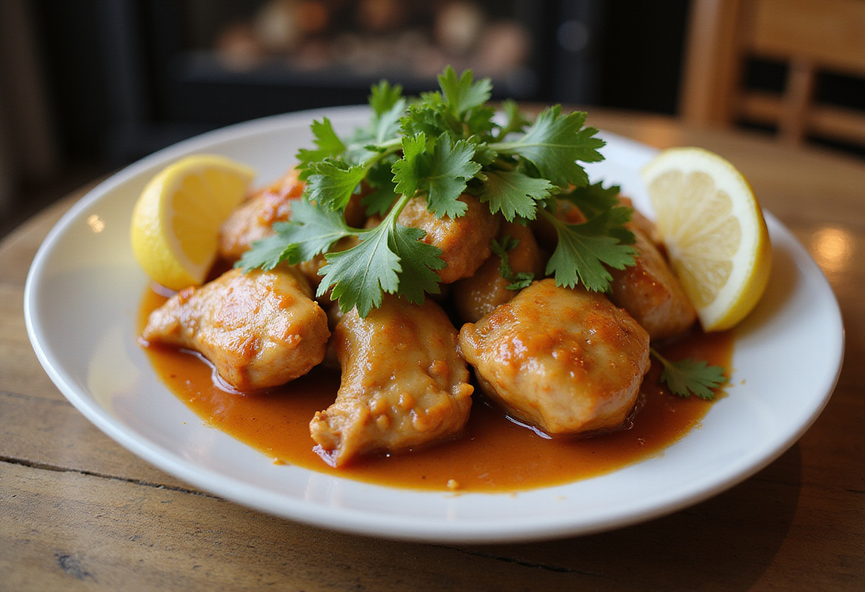 Plato de pollo al limón estilo chino adornado para una presentación deliciosa.