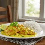 Delicious Pollo con Coco Brasileño served with rice, perfect for a flavorful meal.