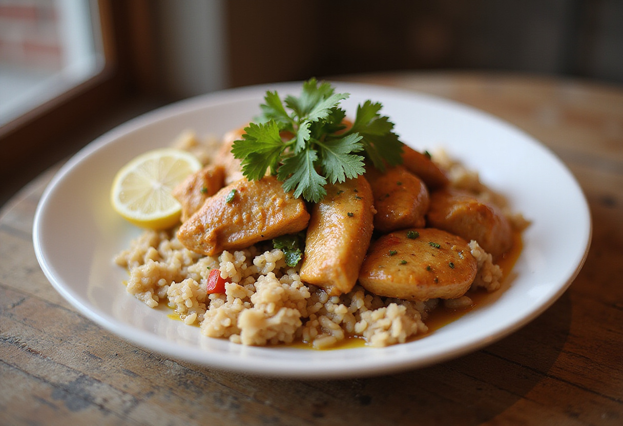 Delicious Pollo con Coco Brasileño served with rice, perfect for a flavorful meal.