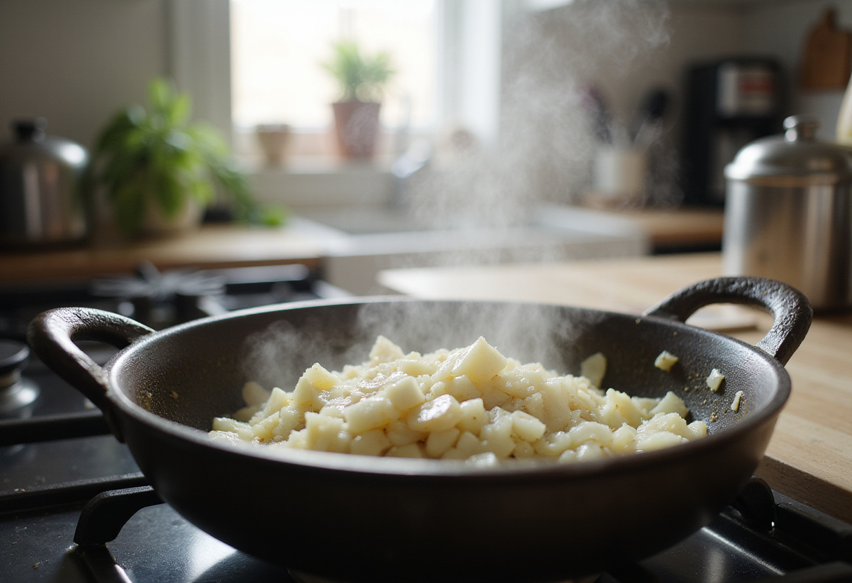 Sautéing onions and garlic for a creamy Brazilian coconut chicken recipe.