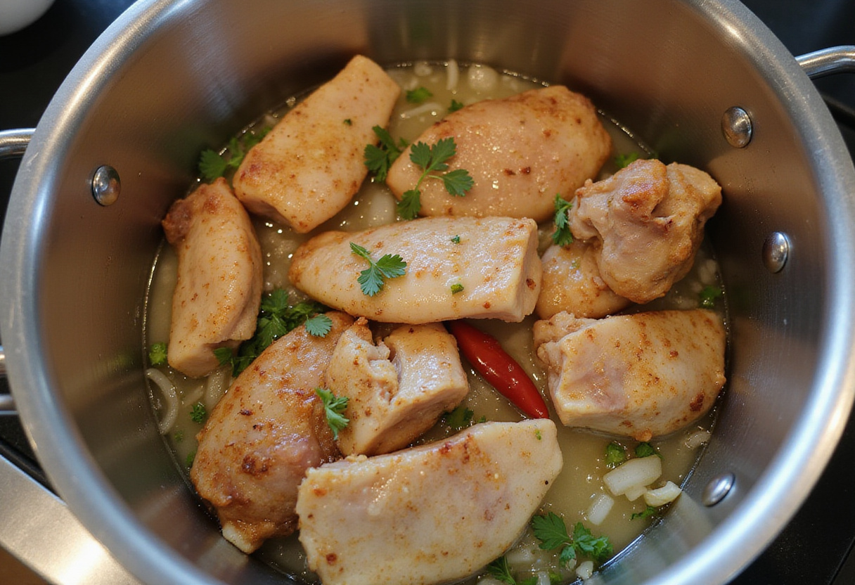 Adding marinated chicken to the pot for a flavorful Pollo con Coco Brasileño dish.