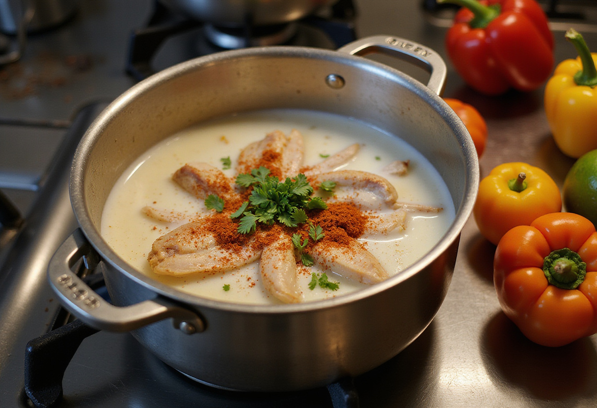 Simmering Pollo con Coco al Estilo Brasileño with coconut milk and spices on the stove.