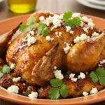 Pollo con miel picante y queso feta presentado con cilantro fresco, ideal para una cena deliciosa.