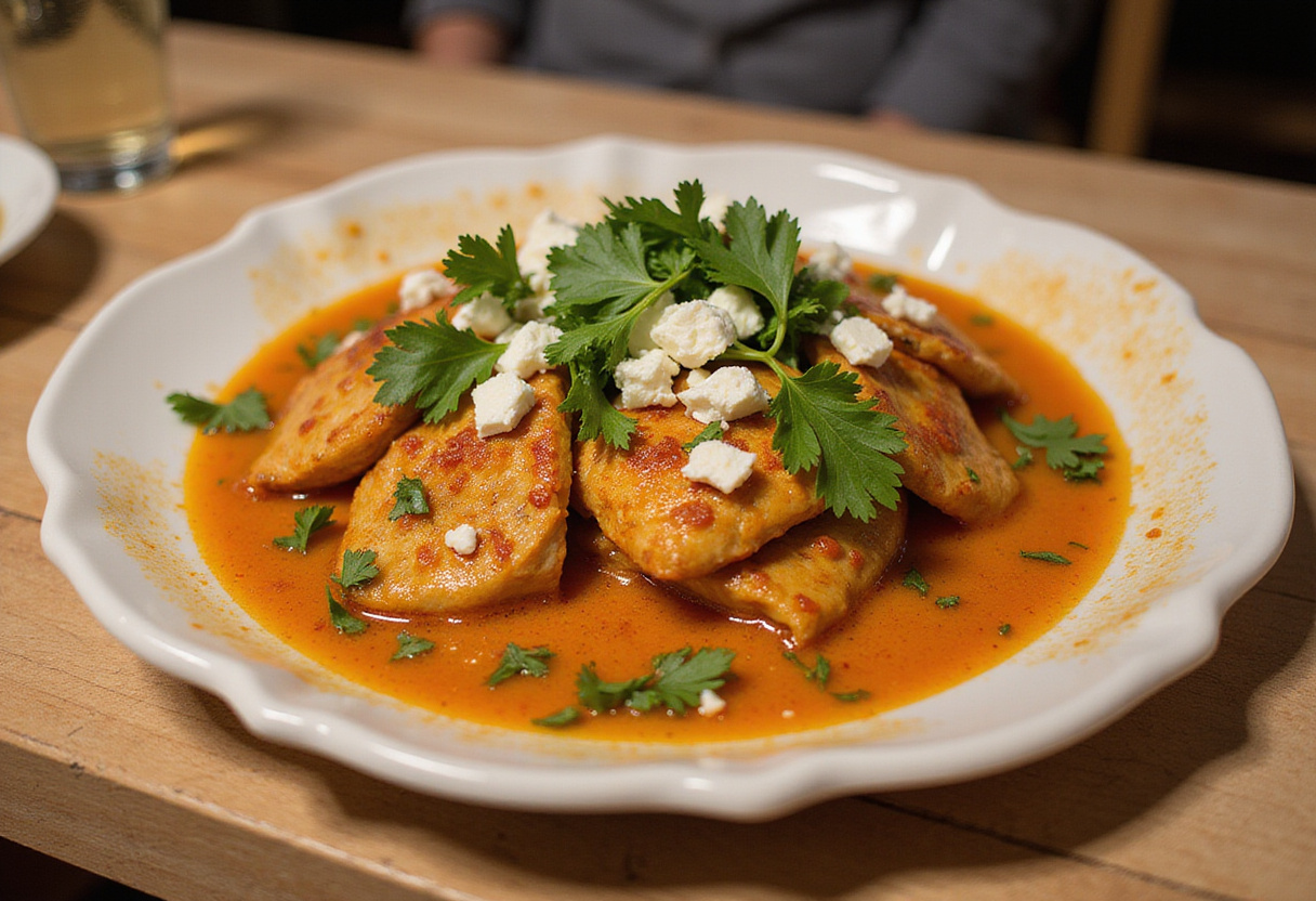 Pollo con miel picante y queso feta presentado con cilantro fresco, ideal para una cena deliciosa.