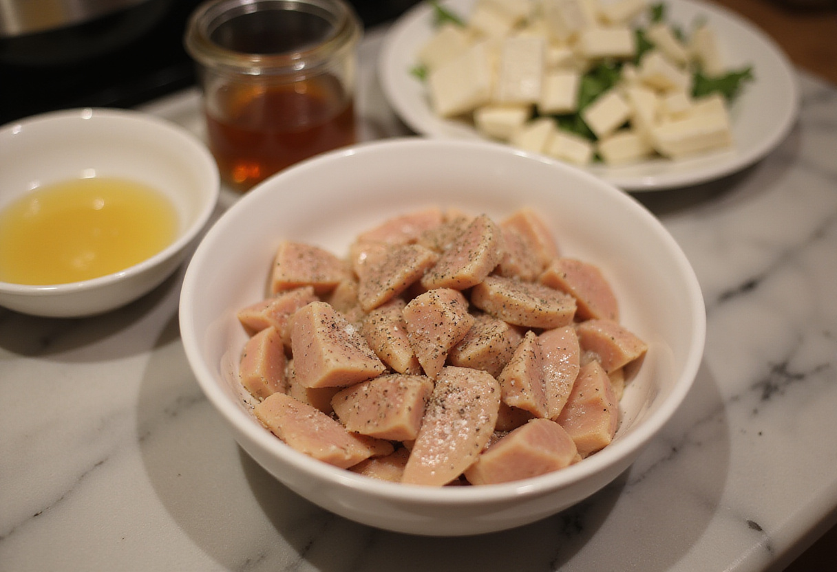 Diced chicken breast seasoned for Pollo con Miel