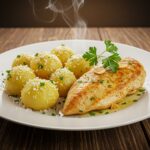 Pollo con papas al ajo y parmesano listo para servir, un plato reconfortante y delicioso.