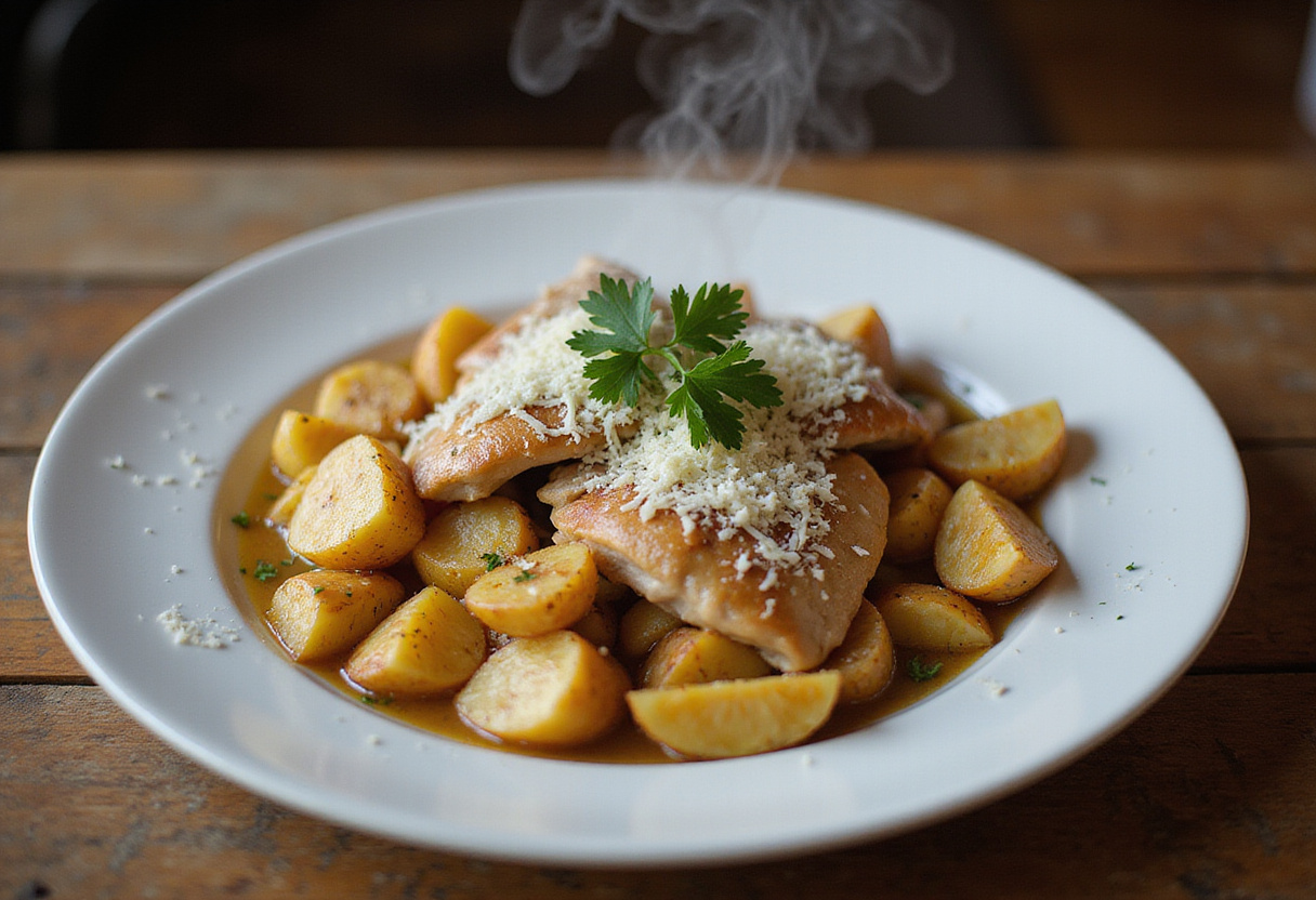 Pollo con papas al ajo y parmesano listo para servir, un plato reconfortante y delicioso.