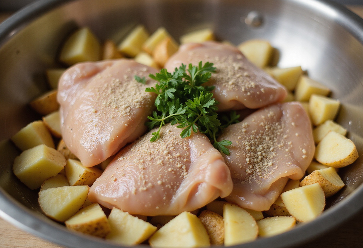 Pollo con papas al ajo preparado en un tazón para la receta de pollo al horno.
