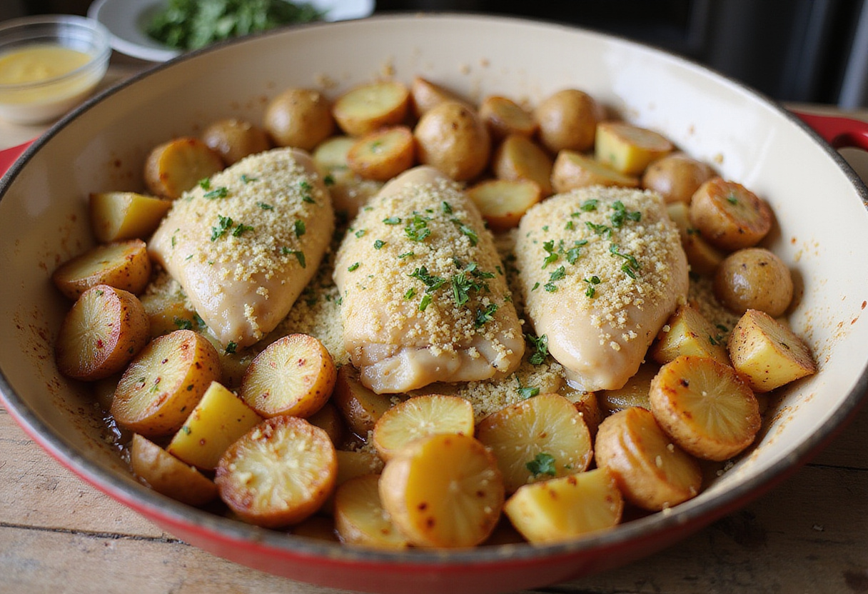 Plato con pollo con papas al ajo listo para hornear en el horno, una reconfortante receta de pollo.