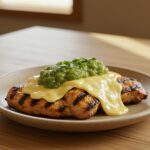 Final plate of pollo a la parrilla with salsa verde and queso pepper jack, ideal for any festive gathering.