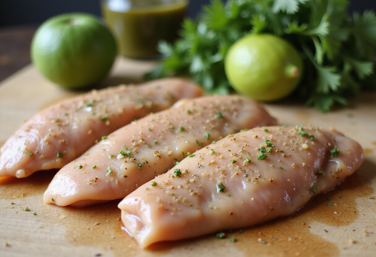 Pollo a la parrilla marinated with tomatillos and cilantro for salsa verde in a delicious pollo recipe.