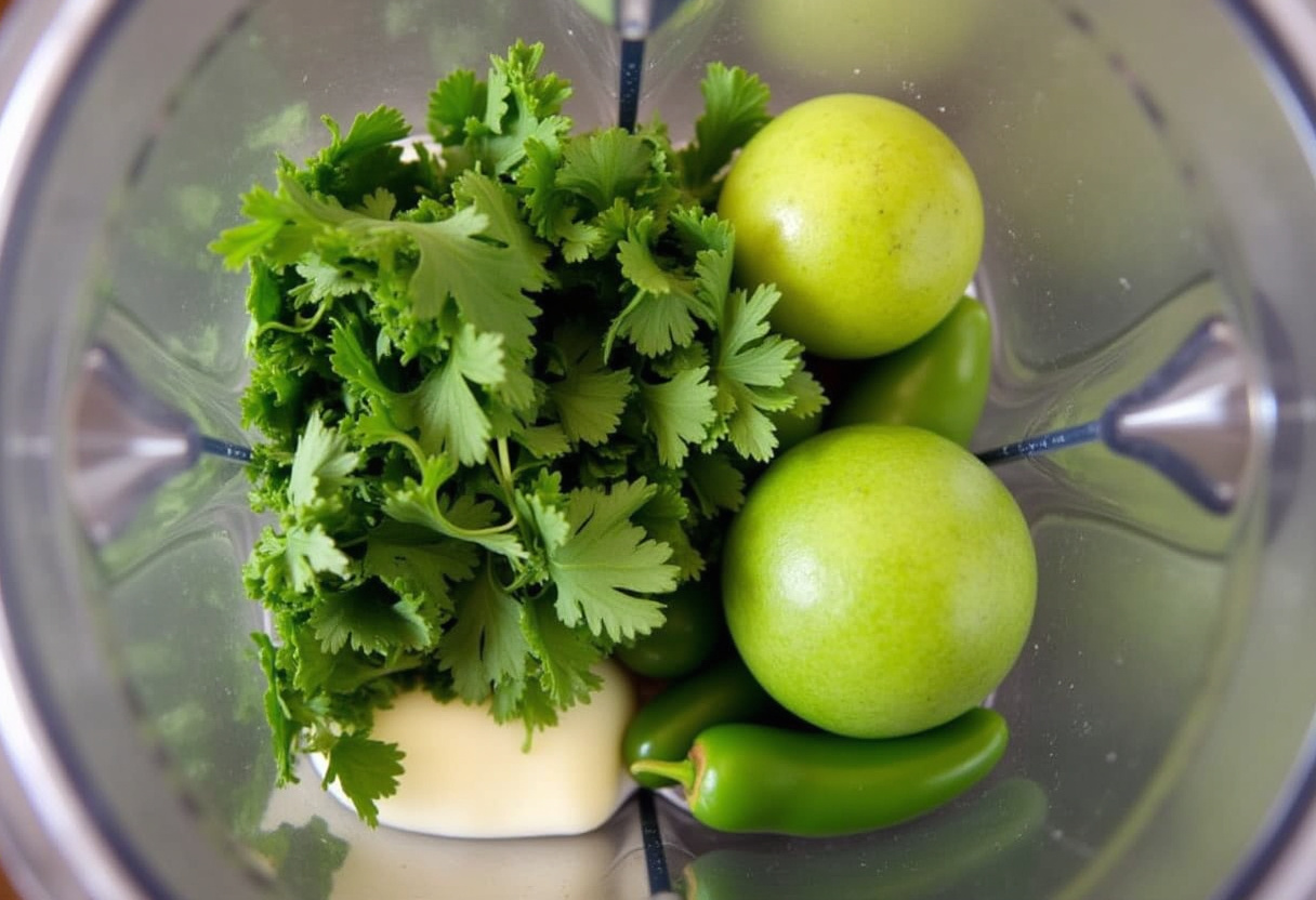 Salsa verde ingredients in a blender for the pollo a la parrilla recipe with queso pepper jack.
