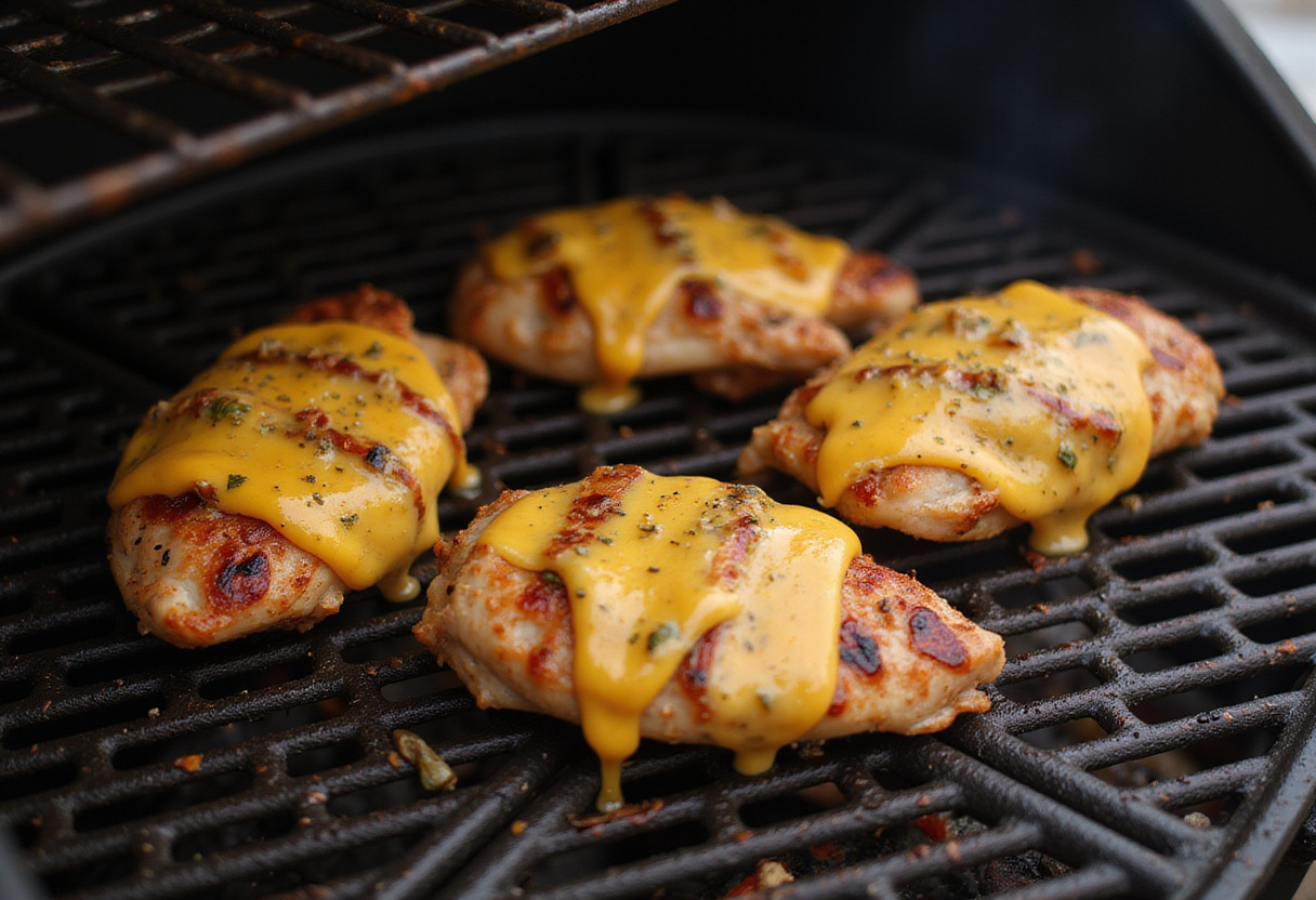 Pollo a la parrilla with queso pepper jack melting on it, showcasing a mouthwatering grilled chicken dish.