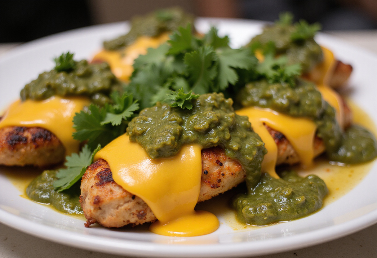 Delicious pollo a la parrilla with salsa verde and queso pepper jack on a serving platter.
