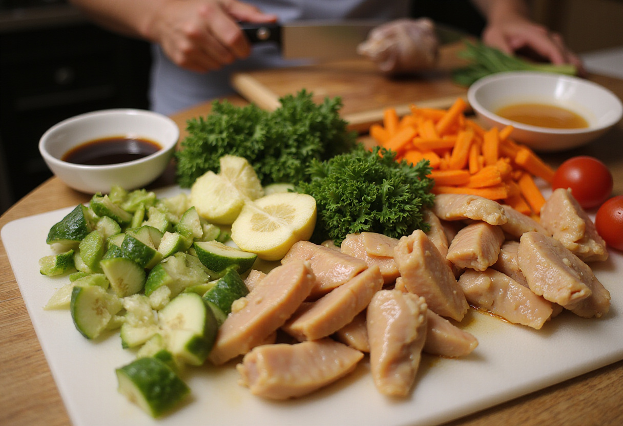 Ingredientes frescos para pollo con verduras y salsa de soja en una tabla de cortar.
