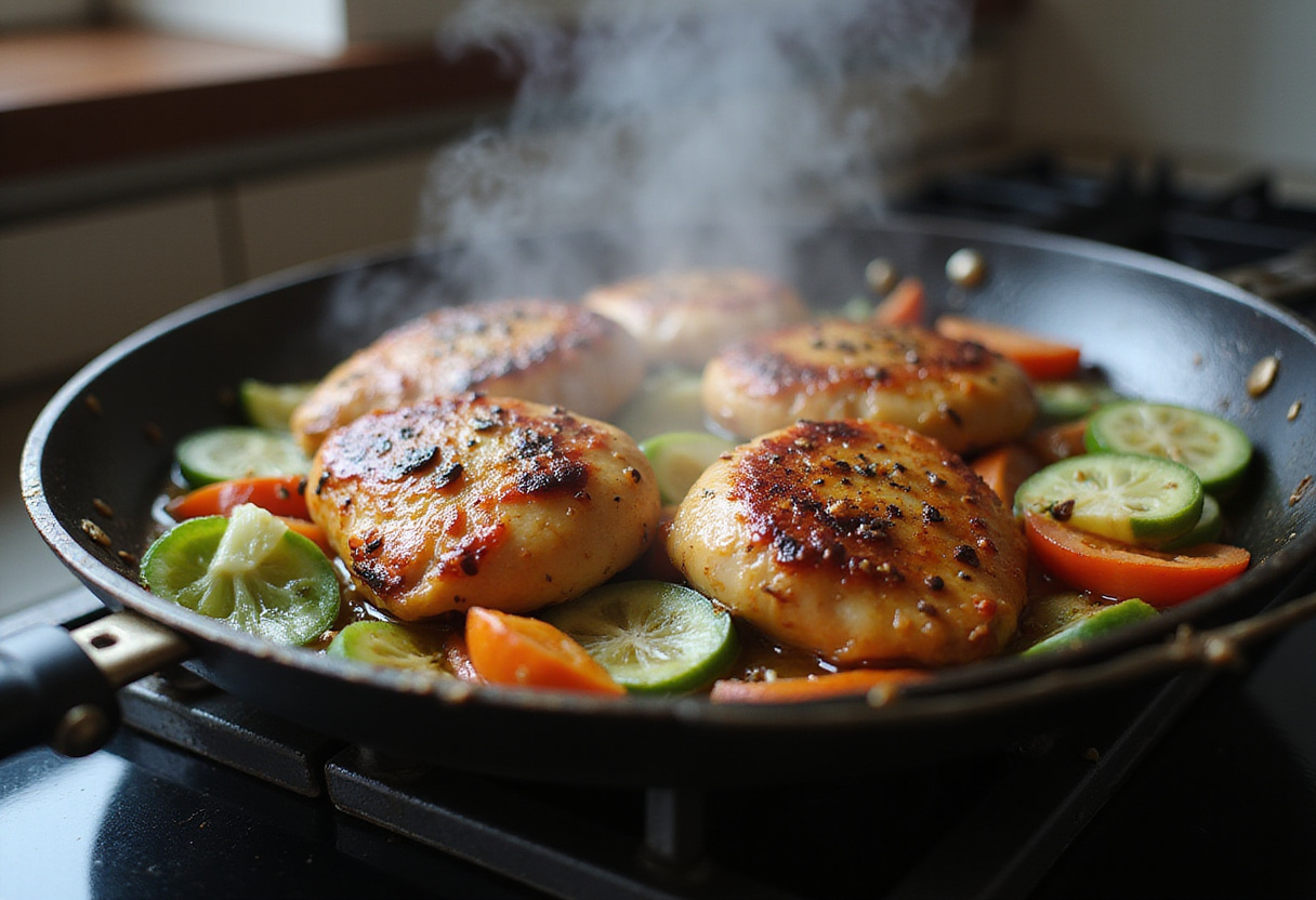 Pollo salteado con verduras en una sartén, cocinándose a fuego medio para la receta de pollo saludable.