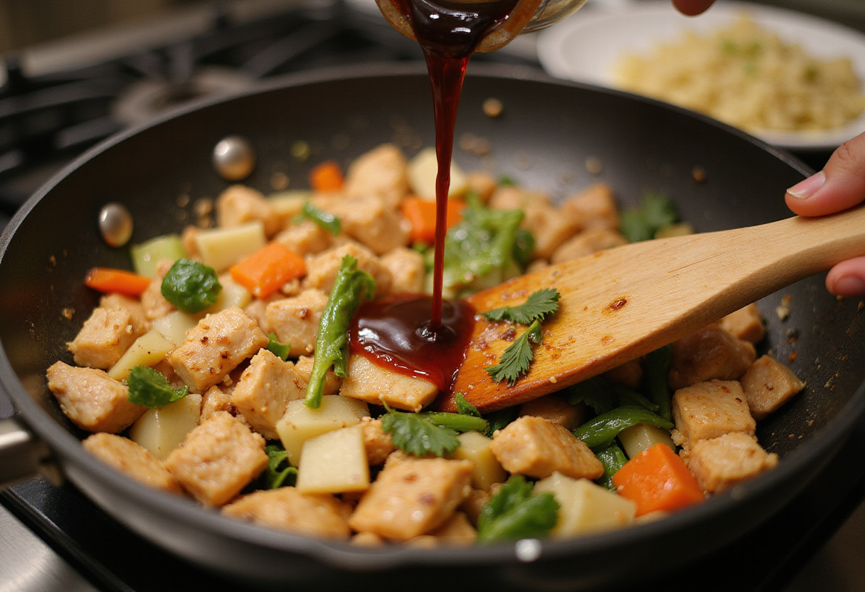 Salsa de soja añadiéndose al pollo y verduras mientras se saltean en la sartén para pollo con verduras.
