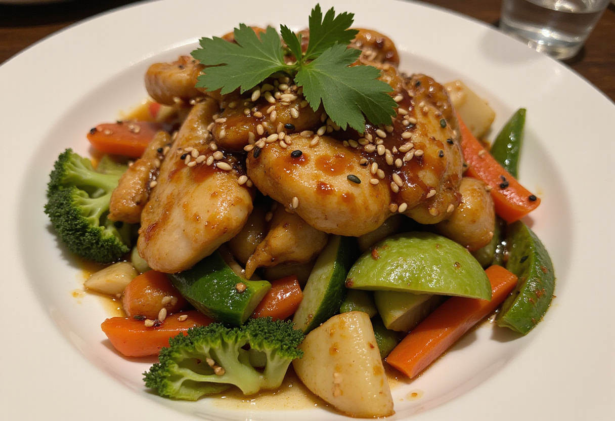 Pollo con verduras y salsa de soja presentado en un plato, ideal para una comida saludable.