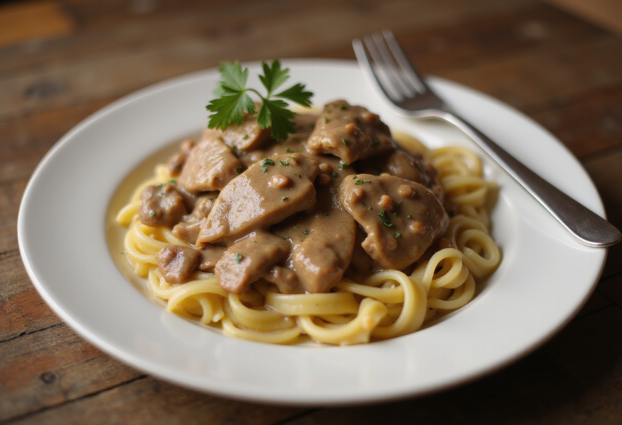 Plato terminado de pollo stroganoff servido sobre fideos de huevo, listo para una comida deliciosa.