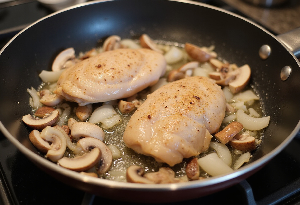 Dados de pollo stroganoff dorándose en una sartén con cebollas y champiñones.