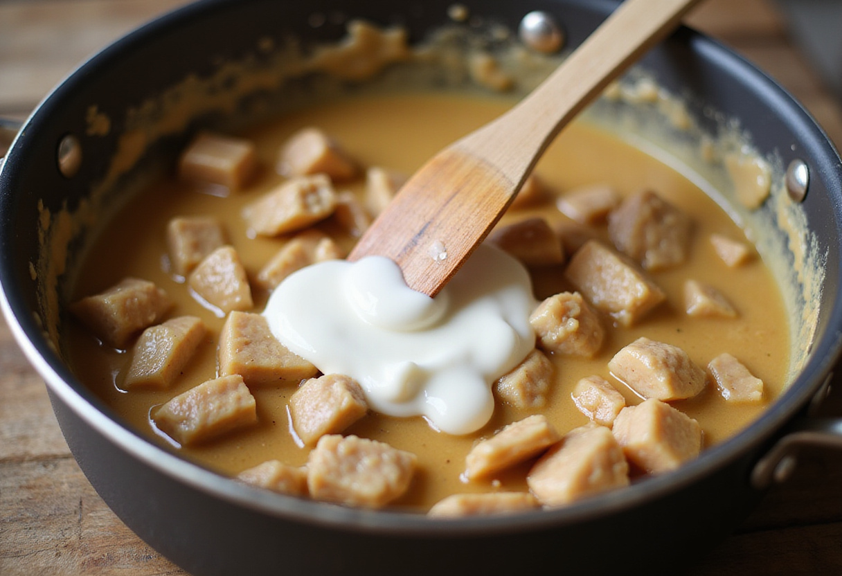 Crema agria siendo añadida a la mezcla de pollo stroganoff para una textura cremosa.