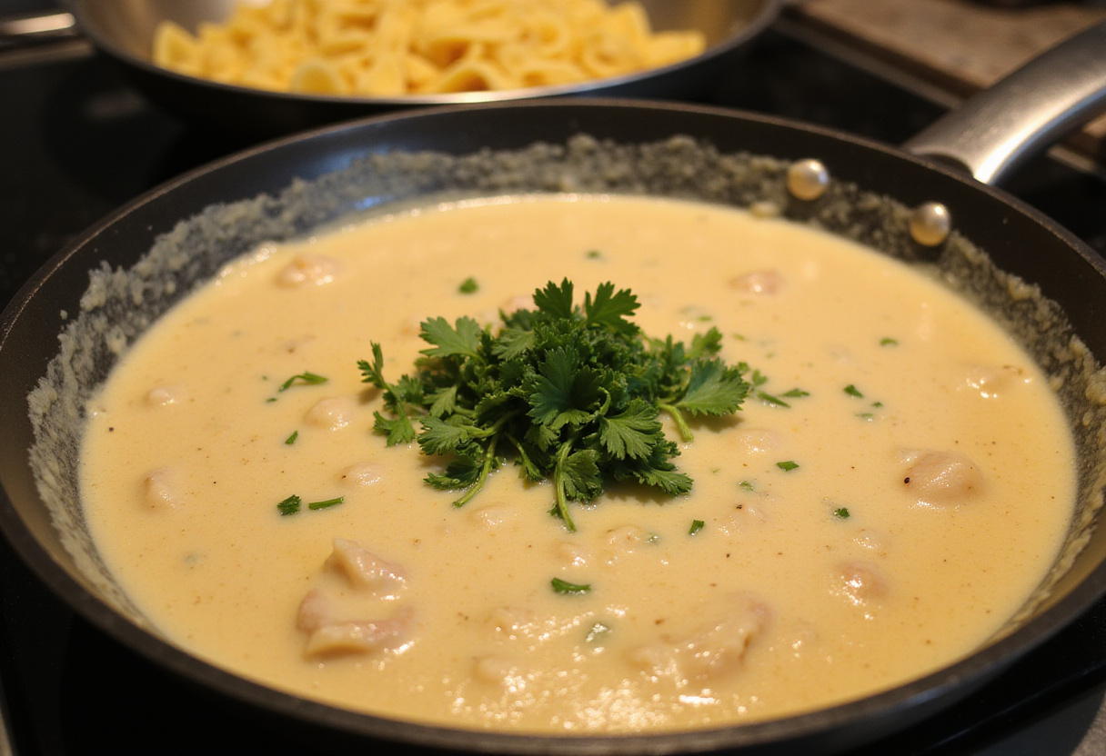 Salsa cremosa de pollo stroganoff en una sartén con perejil, lista para servir sobre fideos de huevo.
